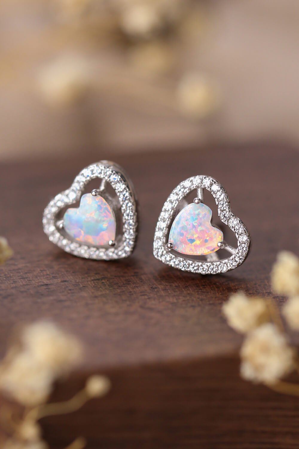925 Sterling Silver Opal Heart Stud Earrings - Loulou Boutique