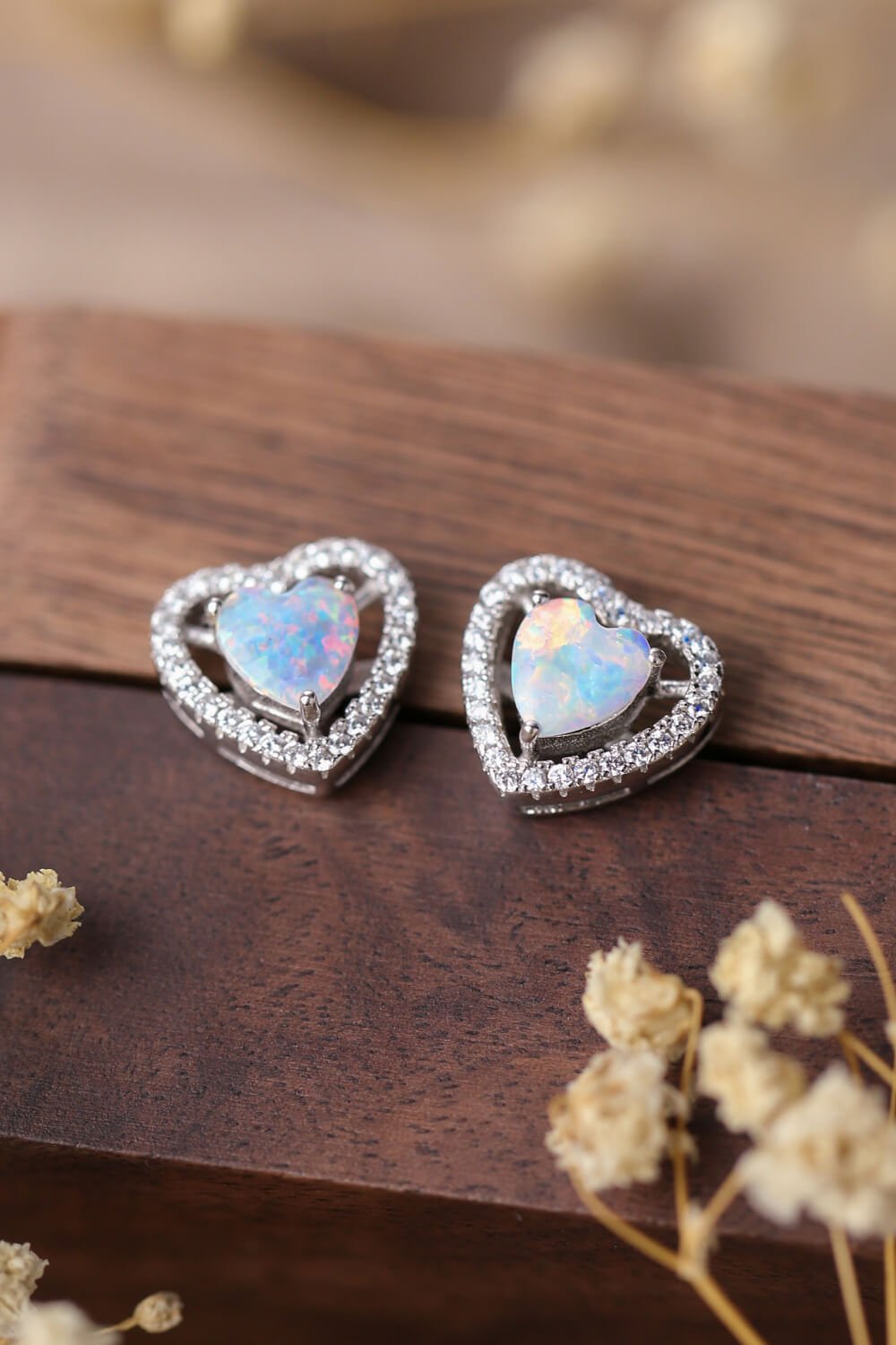 925 Sterling Silver Opal Heart Stud Earrings - Loulou Boutique