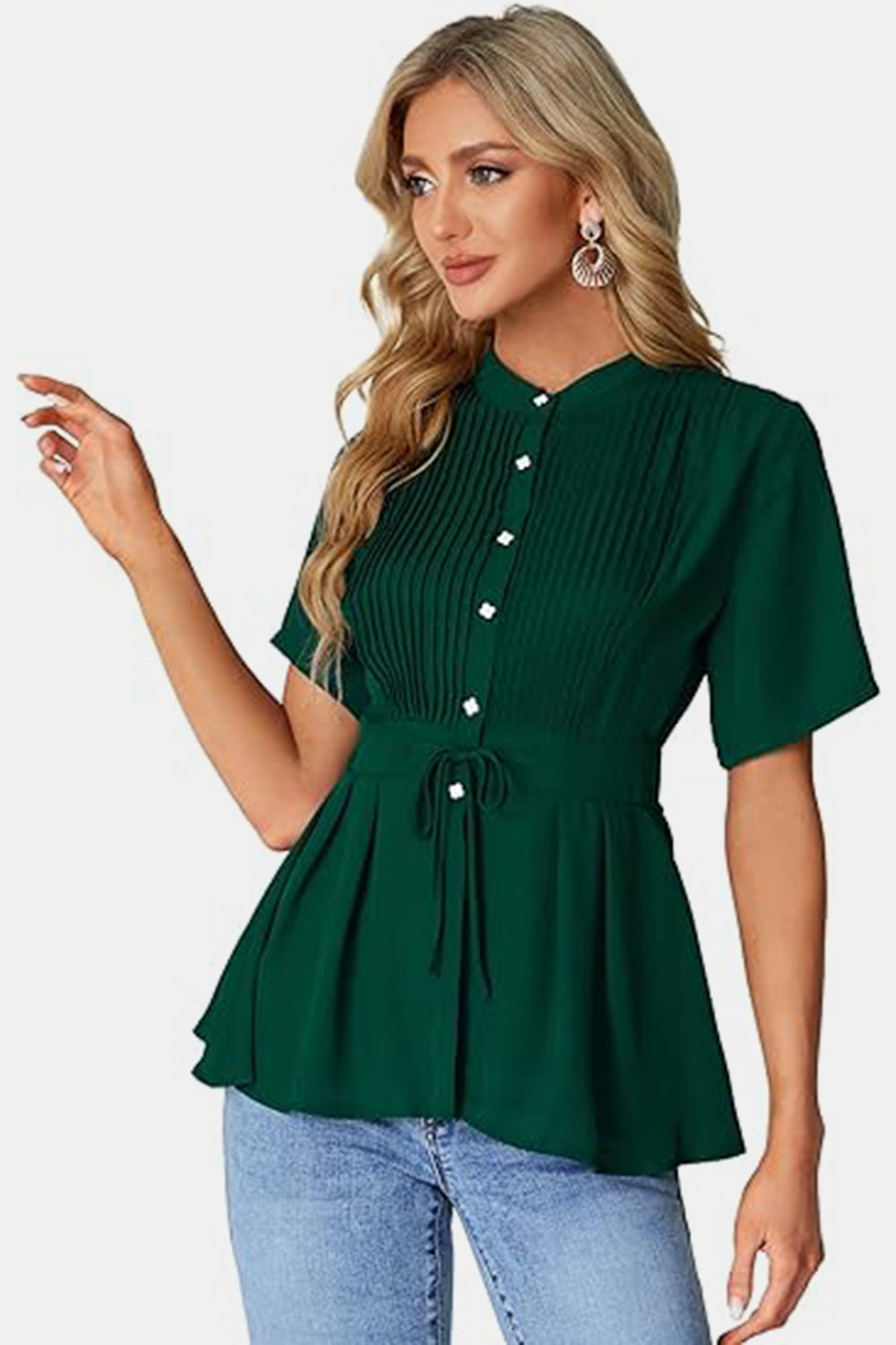 Tied Round Neck Short Sleeve Blouse