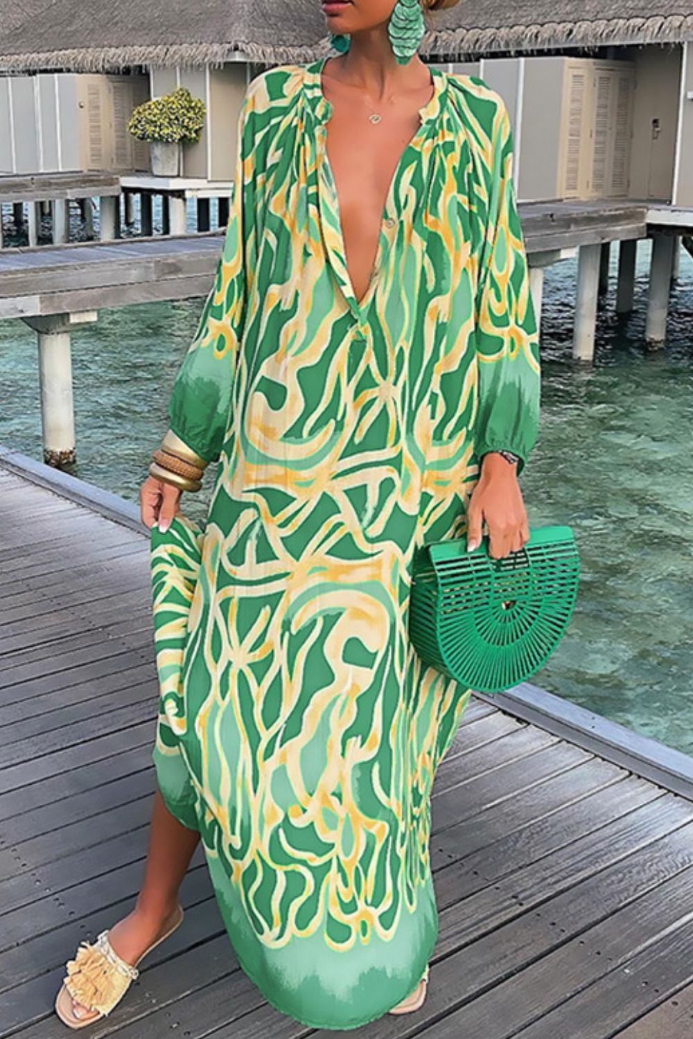 Abstract Print Buttoned Balloon Sleeve Dress - Loulou Boutique