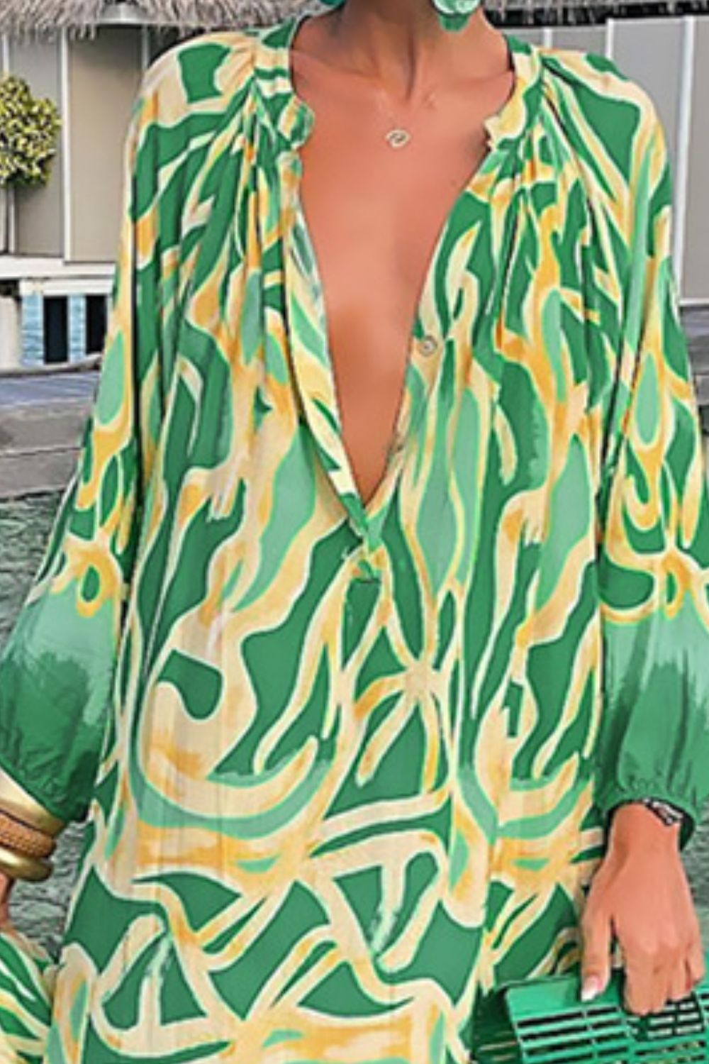 Abstract Print Buttoned Balloon Sleeve Dress - Loulou Boutique
