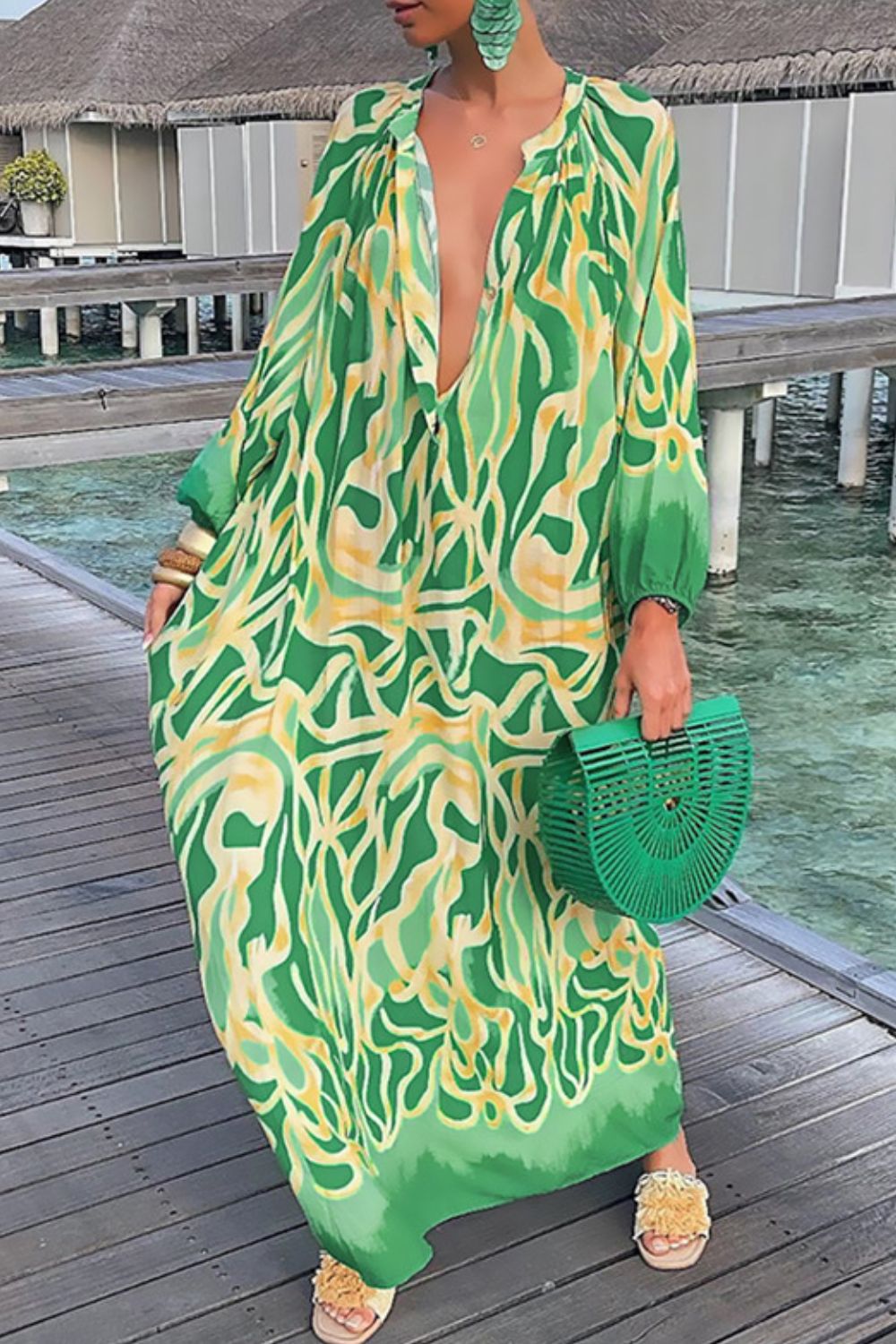 Abstract Print Buttoned Balloon Sleeve Dress - Loulou Boutique