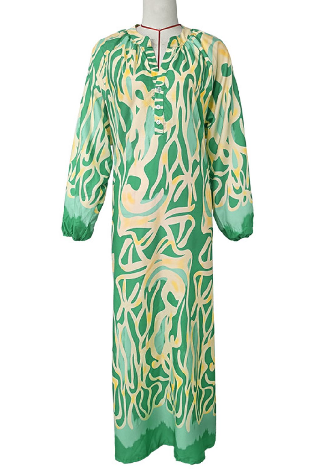 Abstract Print Buttoned Balloon Sleeve Dress - Loulou Boutique