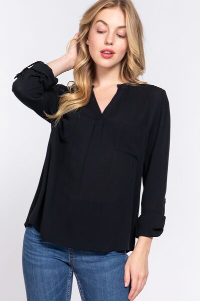 ACTIVE BASIC Full Size Notched Long Sleeve Woven Top - Loulou Boutique