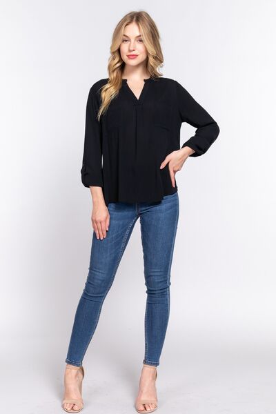 ACTIVE BASIC Full Size Notched Long Sleeve Woven Top - Loulou Boutique