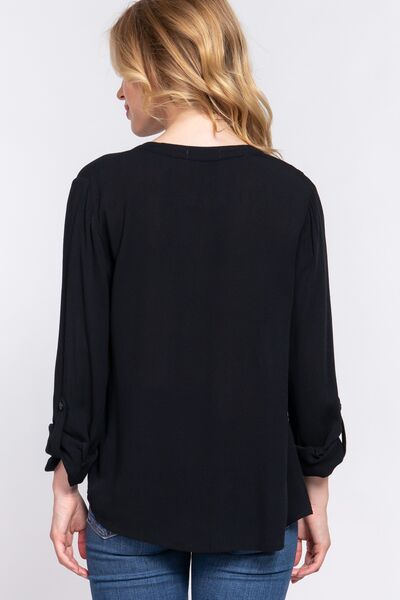 ACTIVE BASIC Full Size Notched Long Sleeve Woven Top - Loulou Boutique