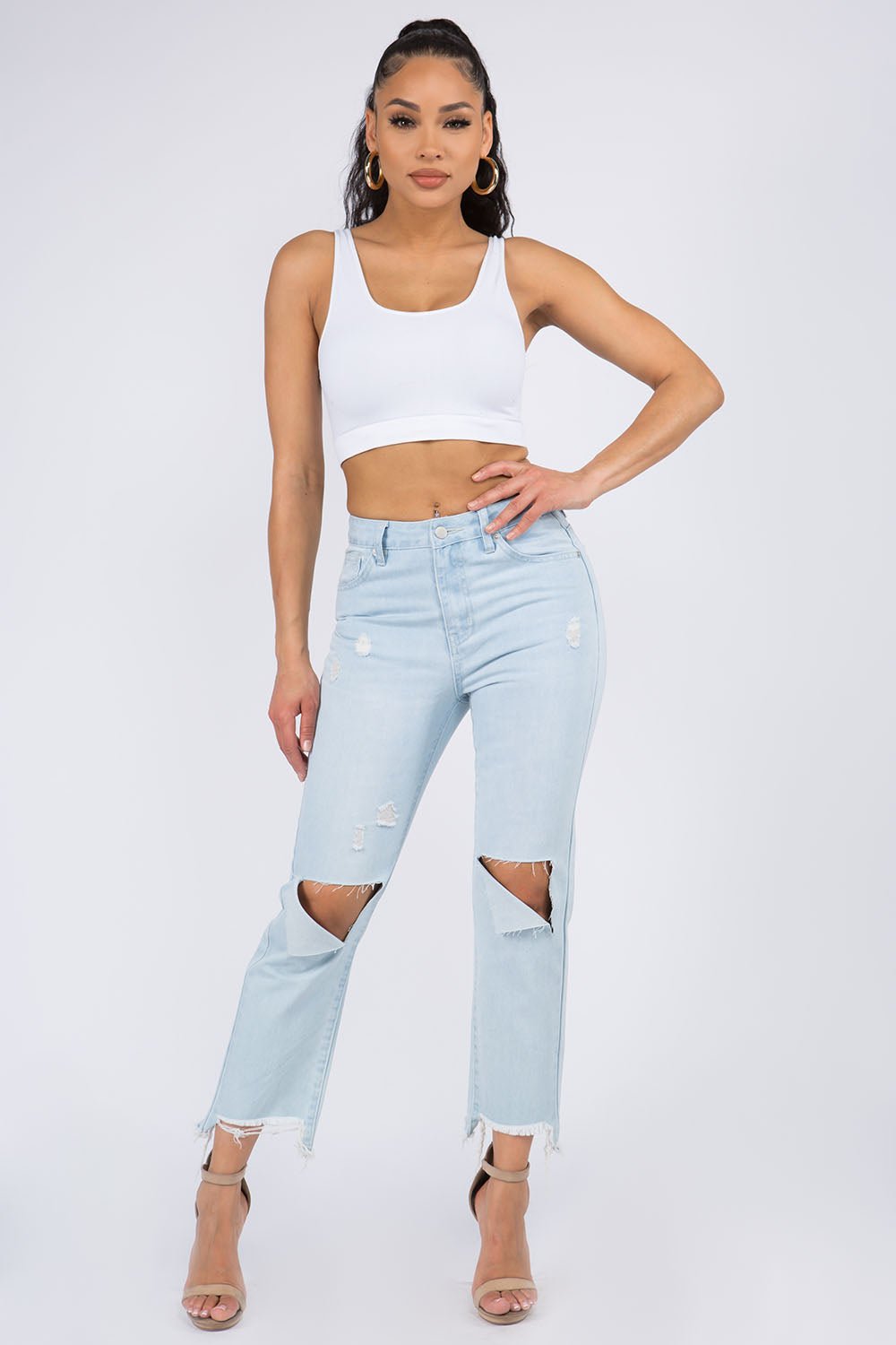 American Bazi High Waist Distressed Raw Hem Jeans - Loulou Boutique