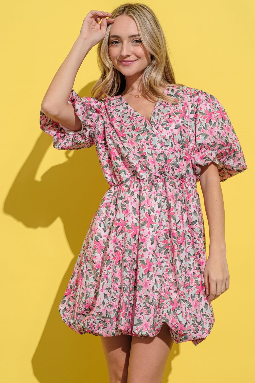 And The Why Full Size Floral Surplice Puff Sleeve Dress - Loulou Boutique