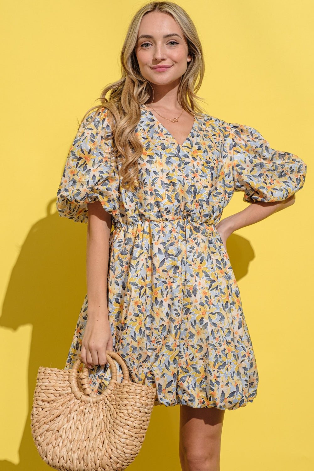 And The Why Full Size Floral Surplice Puff Sleeve Dress - Loulou Boutique