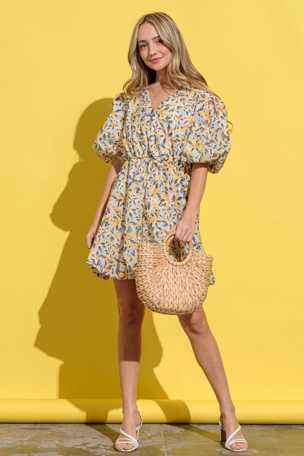 And The Why Full Size Floral Surplice Puff Sleeve Dress - Loulou Boutique