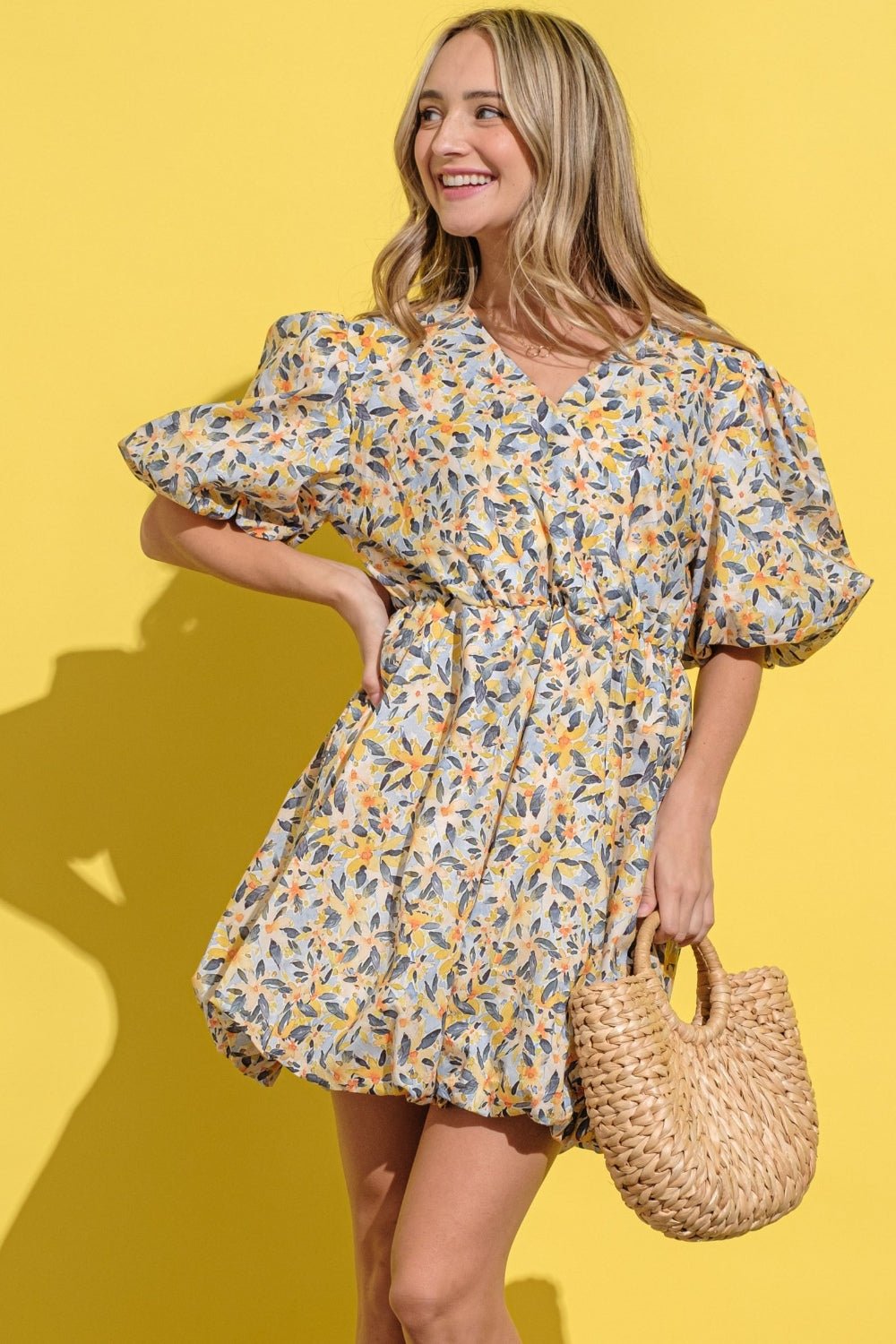 And The Why Full Size Floral Surplice Puff Sleeve Dress - Loulou Boutique