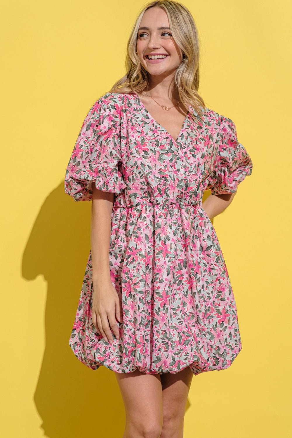 And The Why Full Size Floral Surplice Puff Sleeve Dress - Loulou Boutique