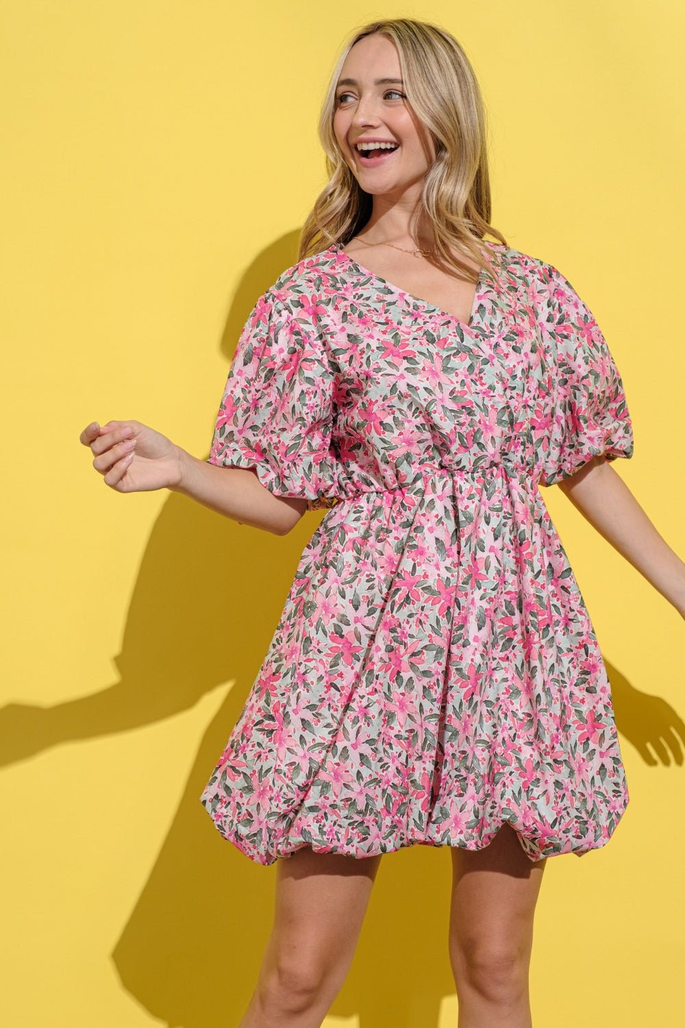 And The Why Full Size Floral Surplice Puff Sleeve Dress - Loulou Boutique