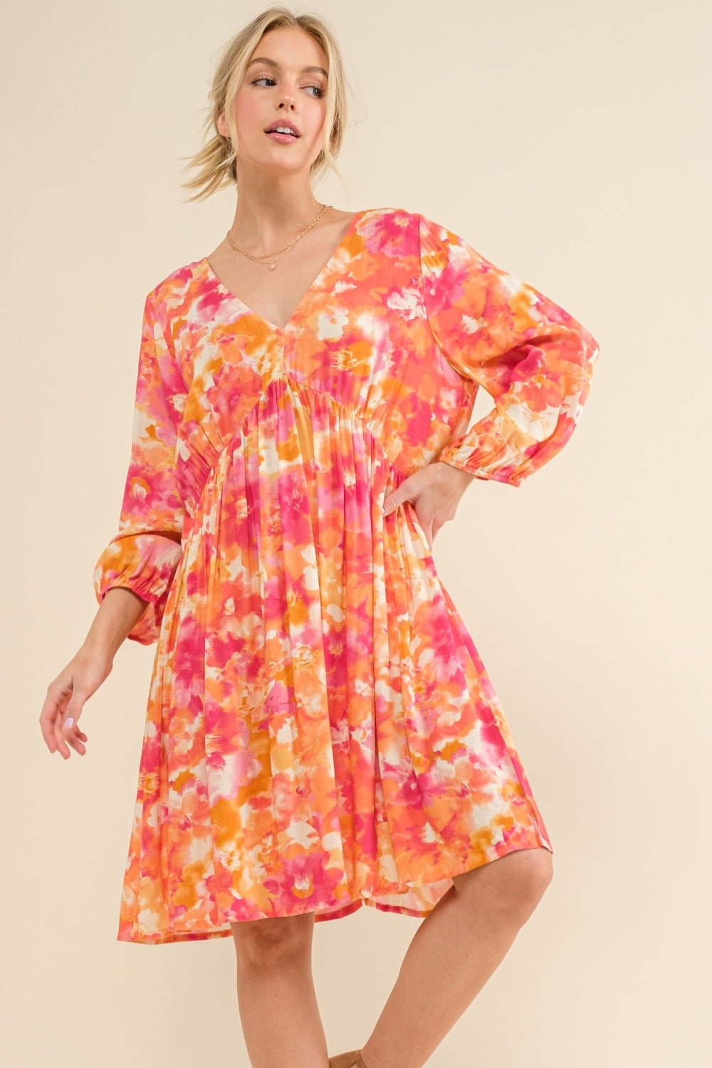 And The Why Full Size Printed Tie Back Long Sleeve Dress - Loulou Boutique