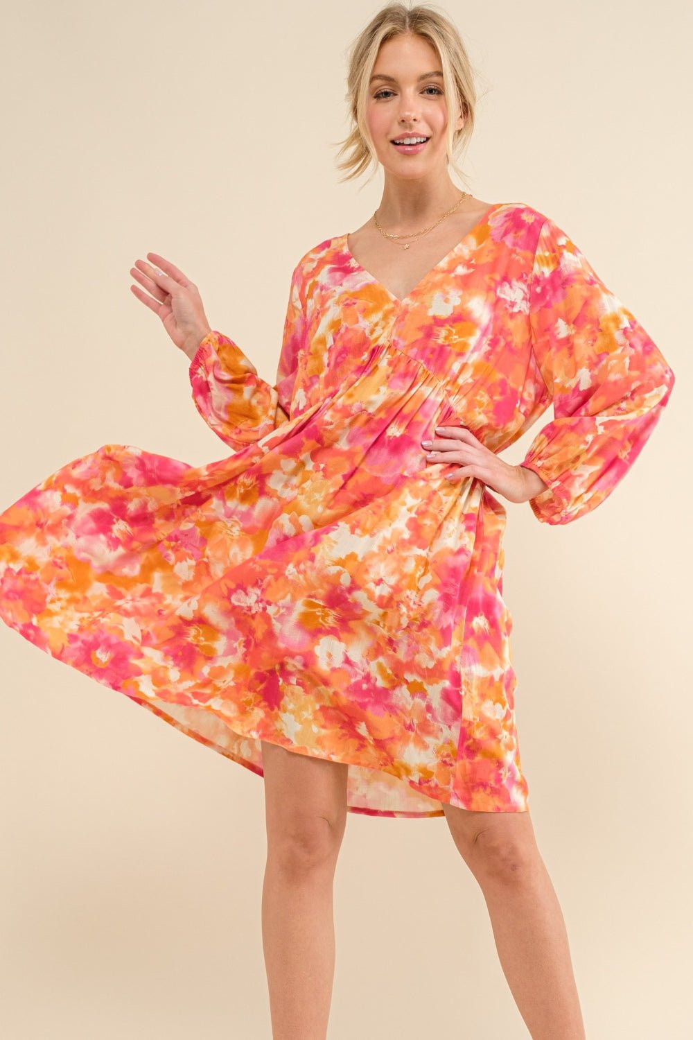 And The Why Full Size Printed Tie Back Long Sleeve Dress - Loulou Boutique