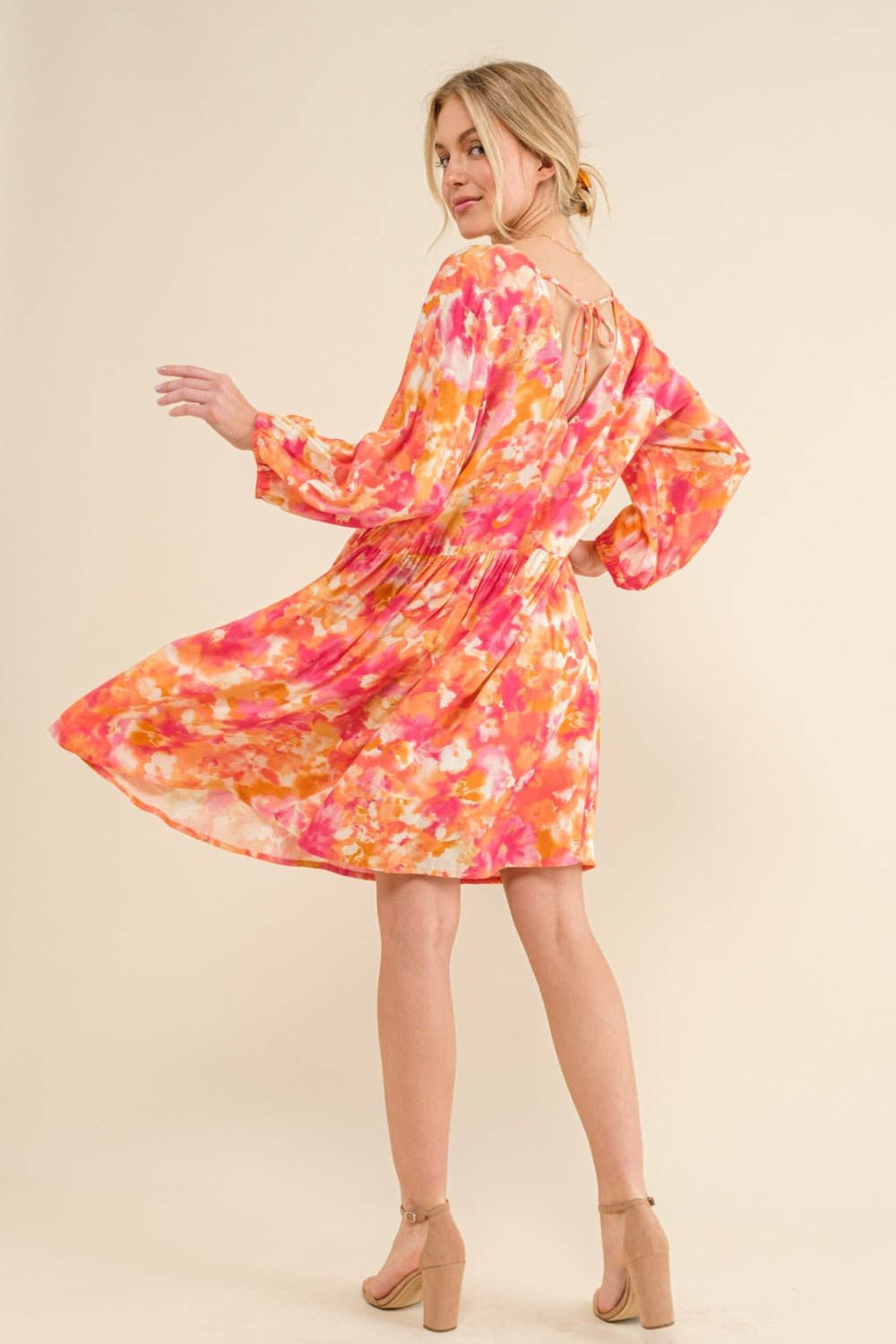 And The Why Full Size Printed Tie Back Long Sleeve Dress - Loulou Boutique