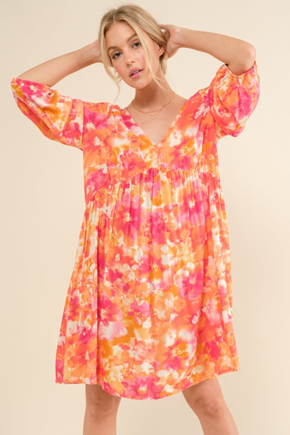 And The Why Full Size Printed Tie Back Long Sleeve Dress - Loulou Boutique