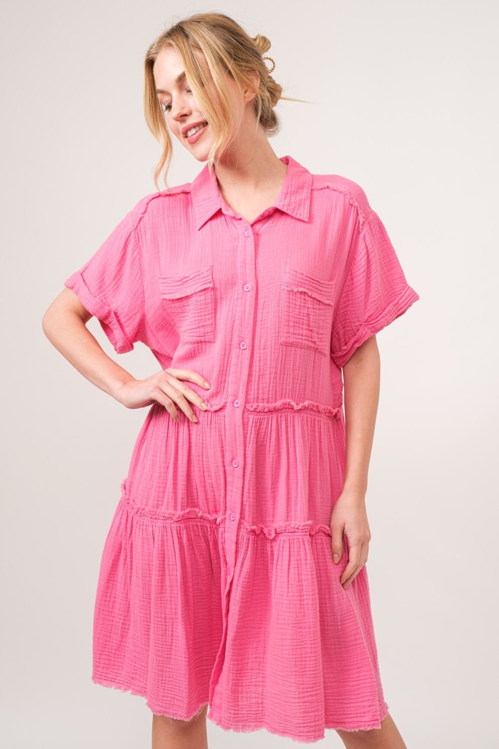 And The Why Full Size Raw Edge Washed Tiered Shirt Dress - Loulou Boutique