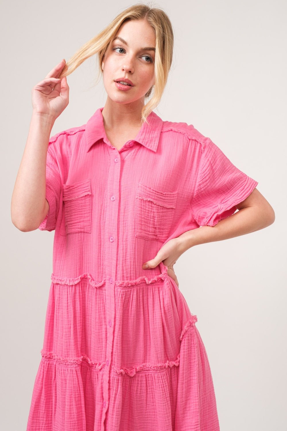 And The Why Full Size Raw Edge Washed Tiered Shirt Dress - Loulou Boutique