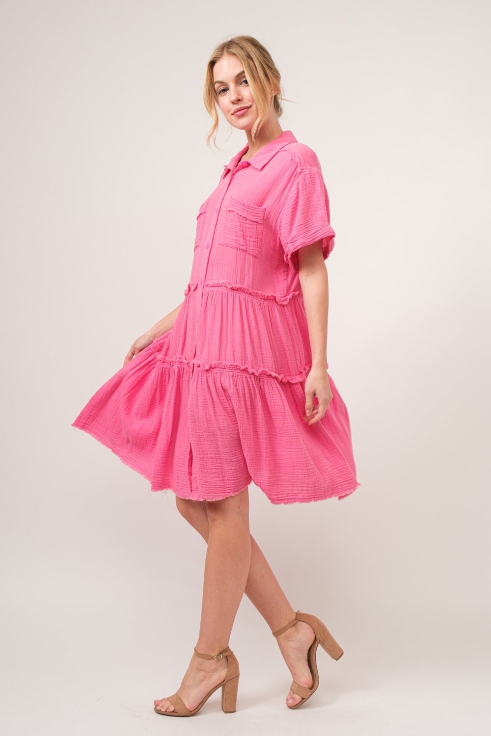 And The Why Full Size Raw Edge Washed Tiered Shirt Dress - Loulou Boutique
