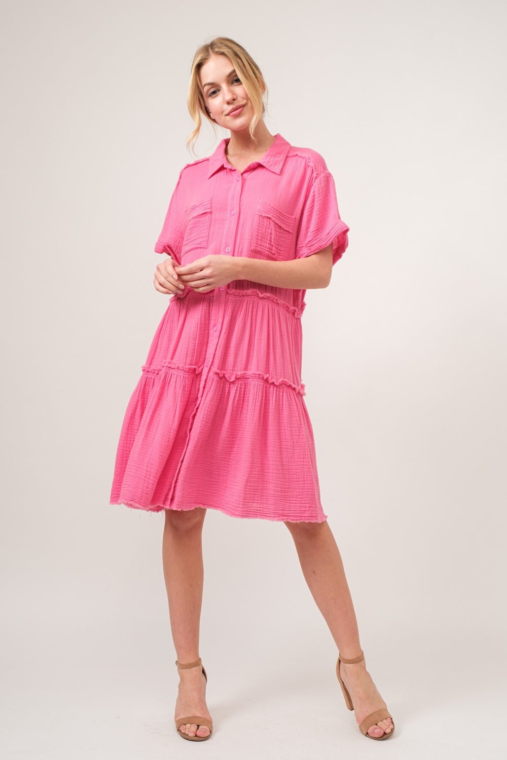 And The Why Full Size Raw Edge Washed Tiered Shirt Dress - Loulou Boutique