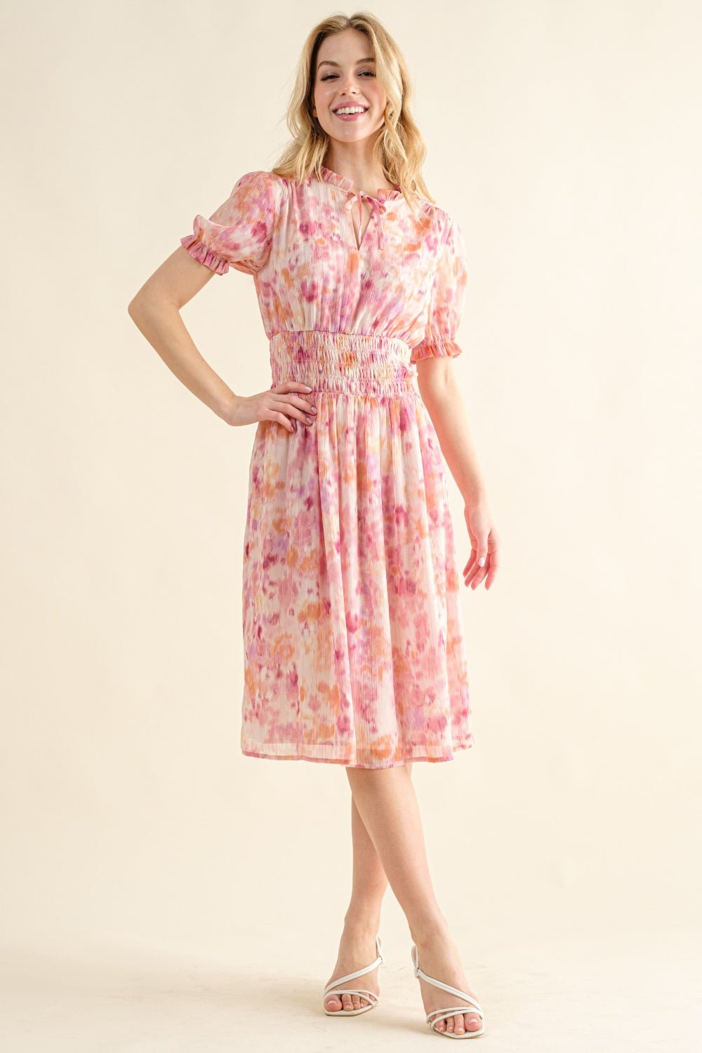 And The Why Full Size Smocked Waist Printed Midi Dress - Loulou Boutique