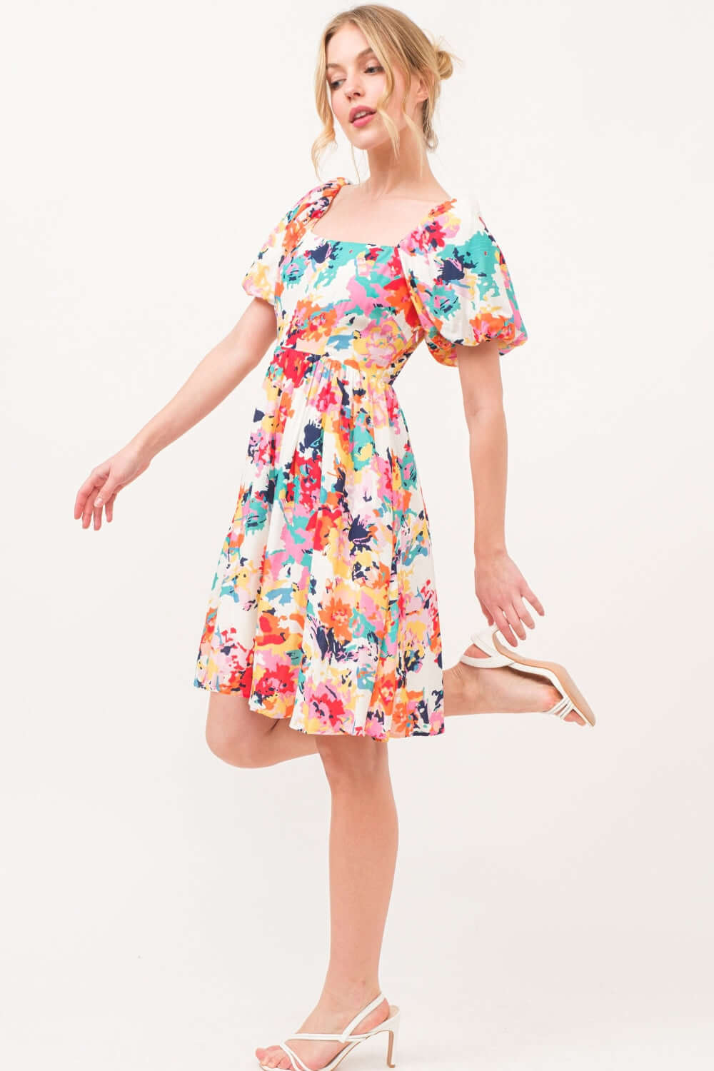 And The Why Square Neck Puff Sleeve Floral Dress - Loulou Boutique