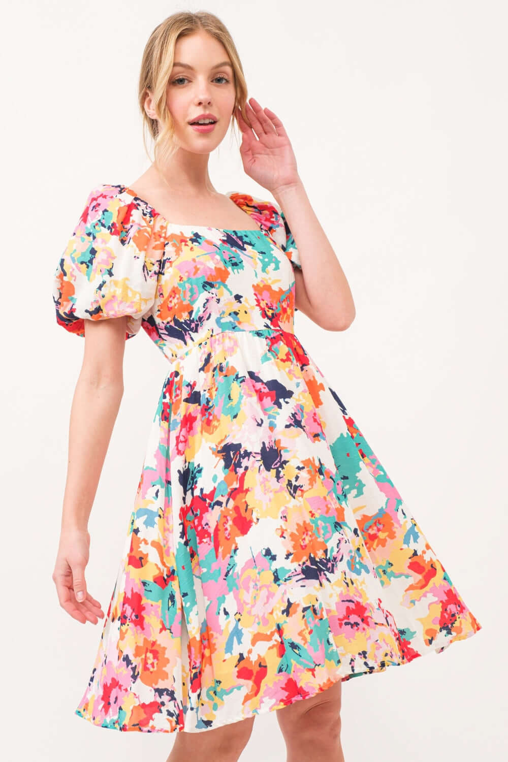 And The Why Square Neck Puff Sleeve Floral Dress - Loulou Boutique