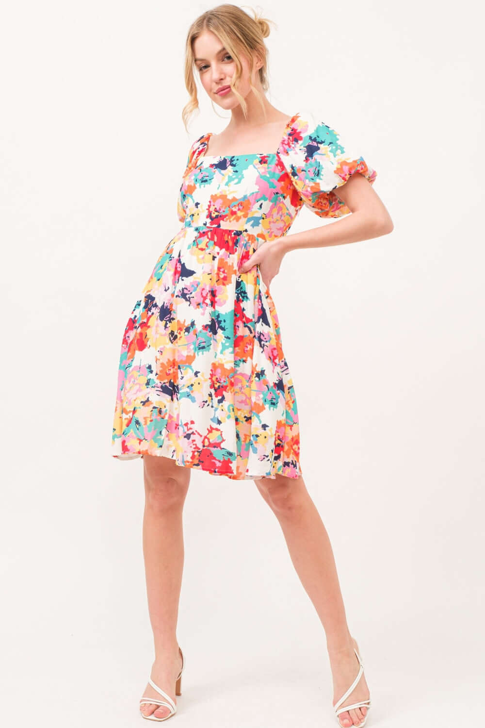 And The Why Square Neck Puff Sleeve Floral Dress - Loulou Boutique