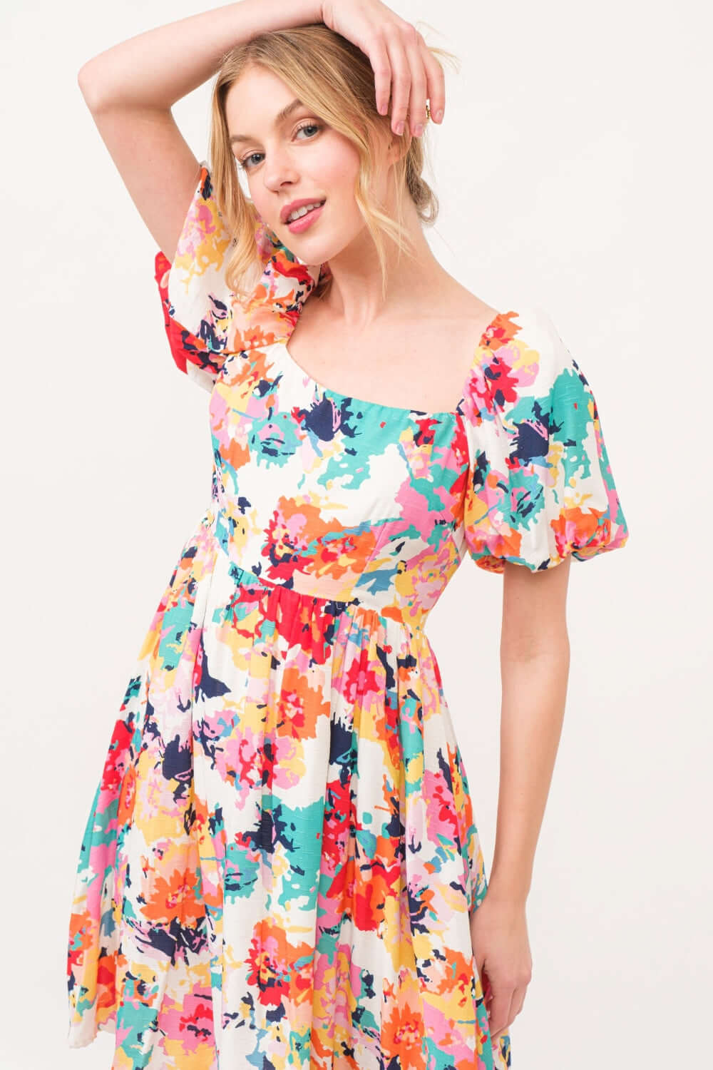 And The Why Square Neck Puff Sleeve Floral Dress - Loulou Boutique