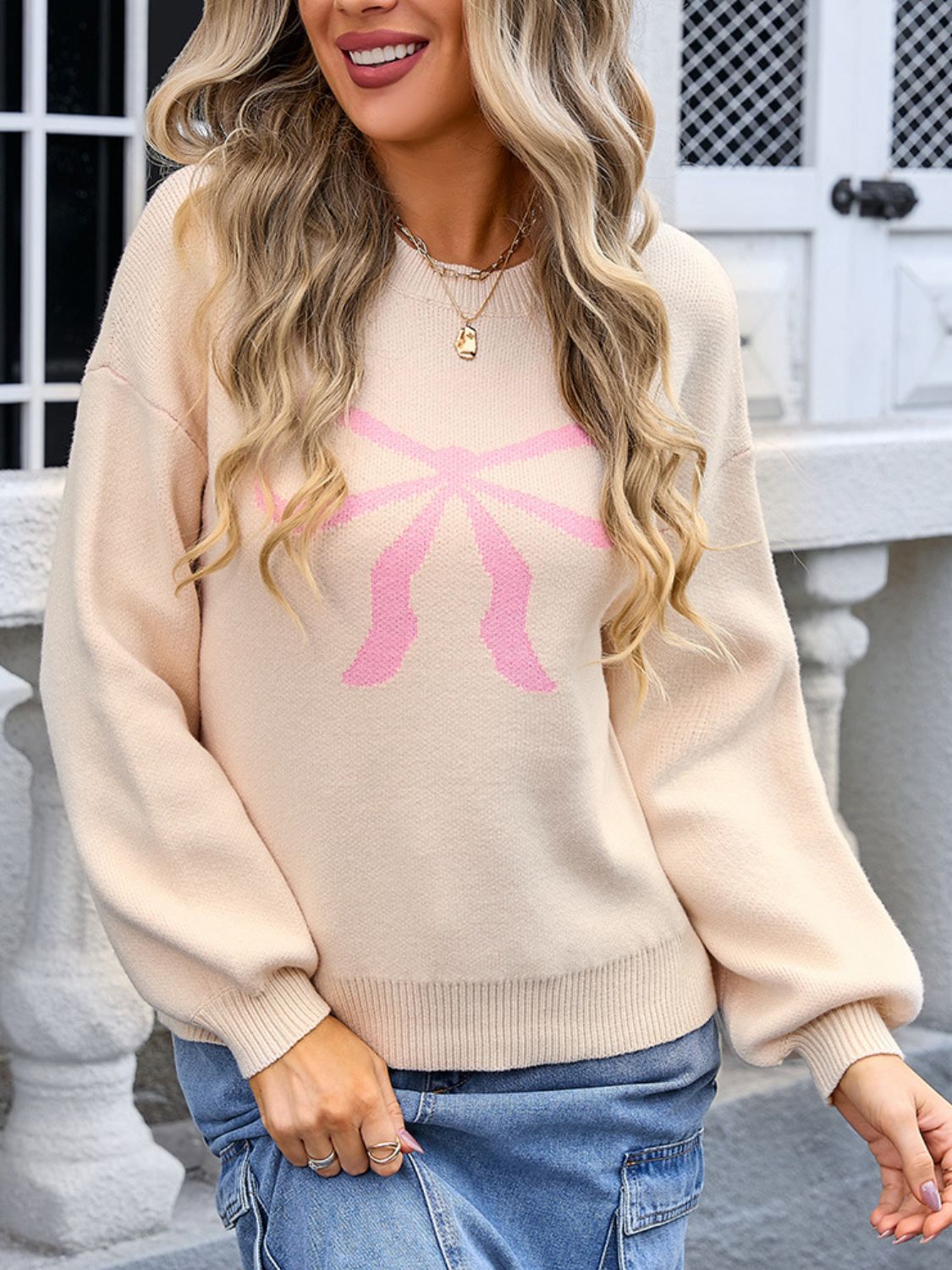 Angel Wings Bow Graphic Round Neck Long Sleeve Sweater - Loulou Boutique