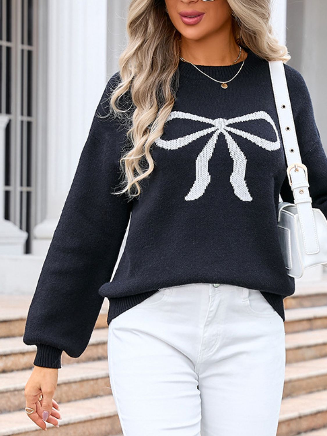Angel Wings Bow Graphic Round Neck Long Sleeve Sweater - Loulou Boutique