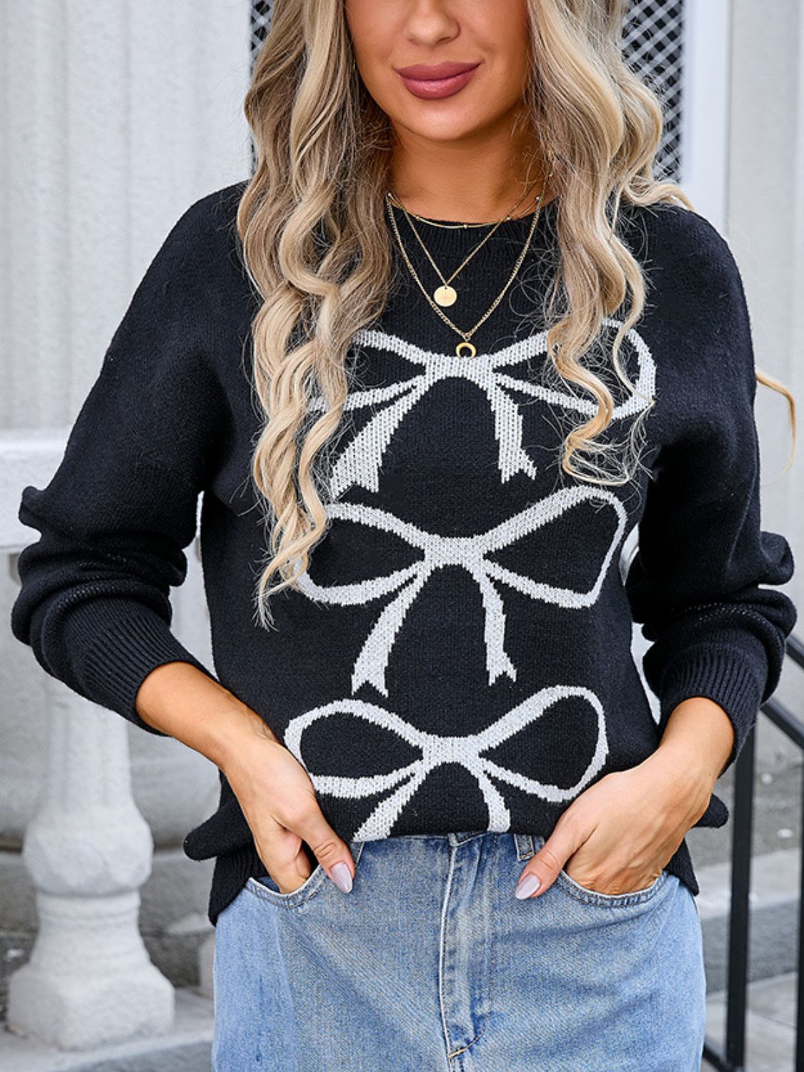 Angel Wings Bow Graphic Round Neck Long Sleeve Sweater - Loulou Boutique