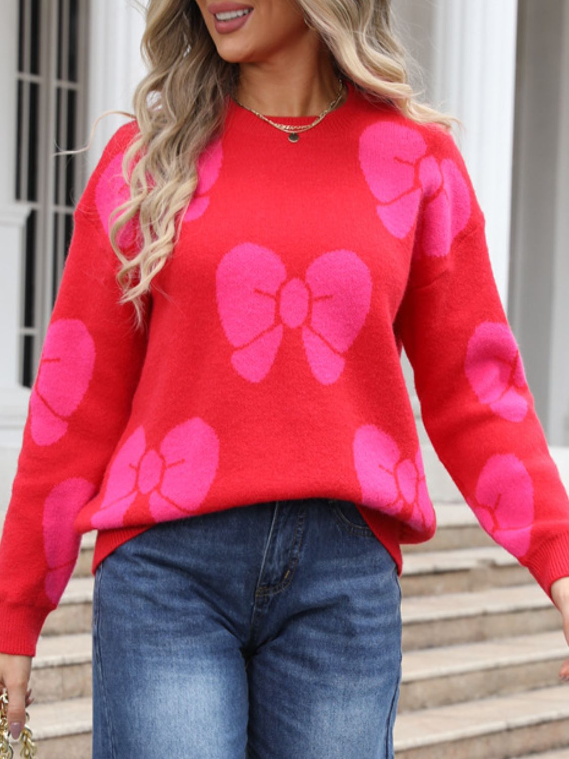 Angel Wings Bow Round Neck Dropped Shoulder Sweater - Loulou Boutique