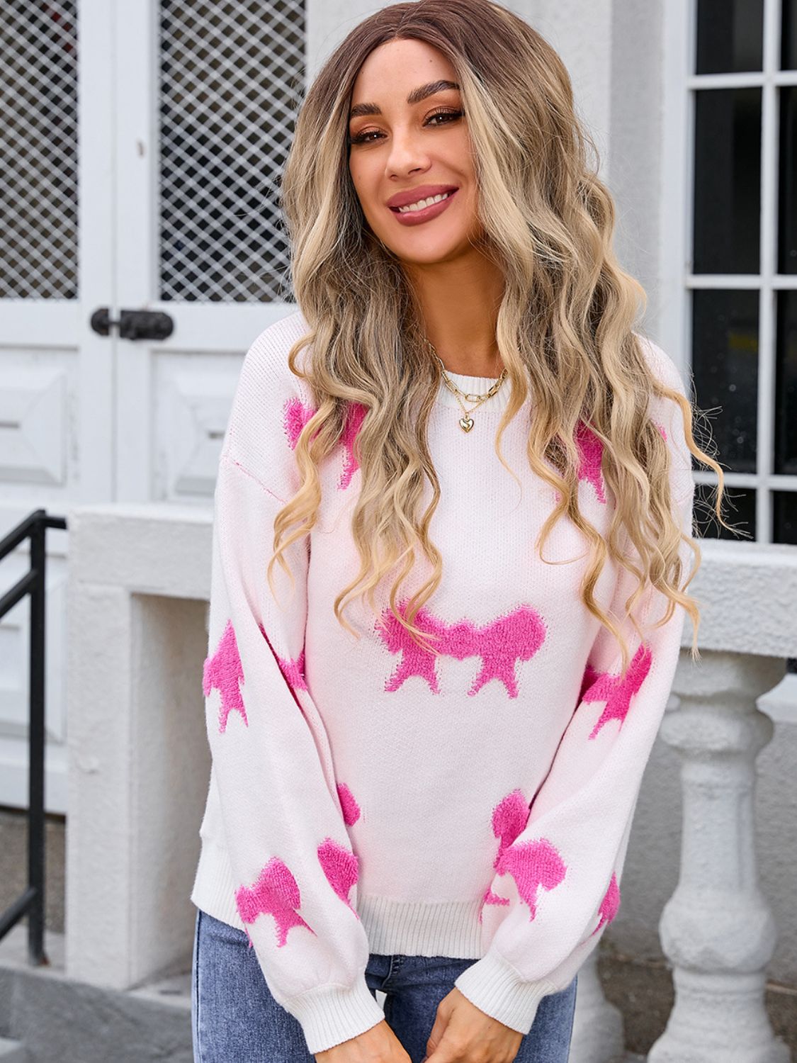 Angel Wings Bow Round Neck Dropped Shoulder Sweater - Loulou Boutique