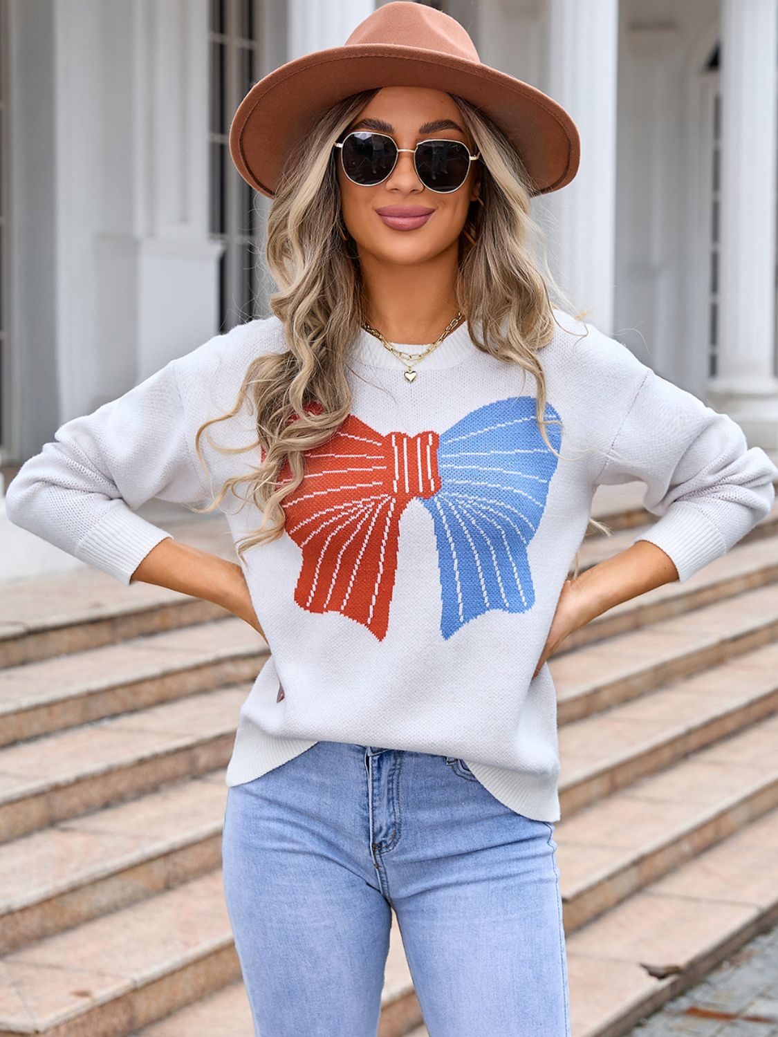 Angel Wings Bow Round Neck Dropped Shoulder Sweater - Loulou Boutique