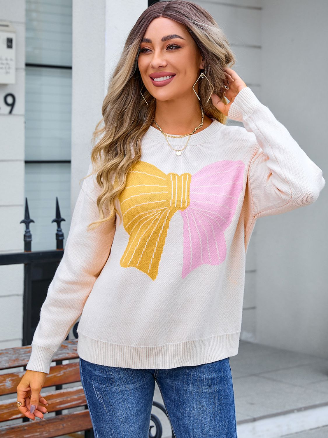 Angel Wings Bow Round Neck Dropped Shoulder Sweater - Loulou Boutique