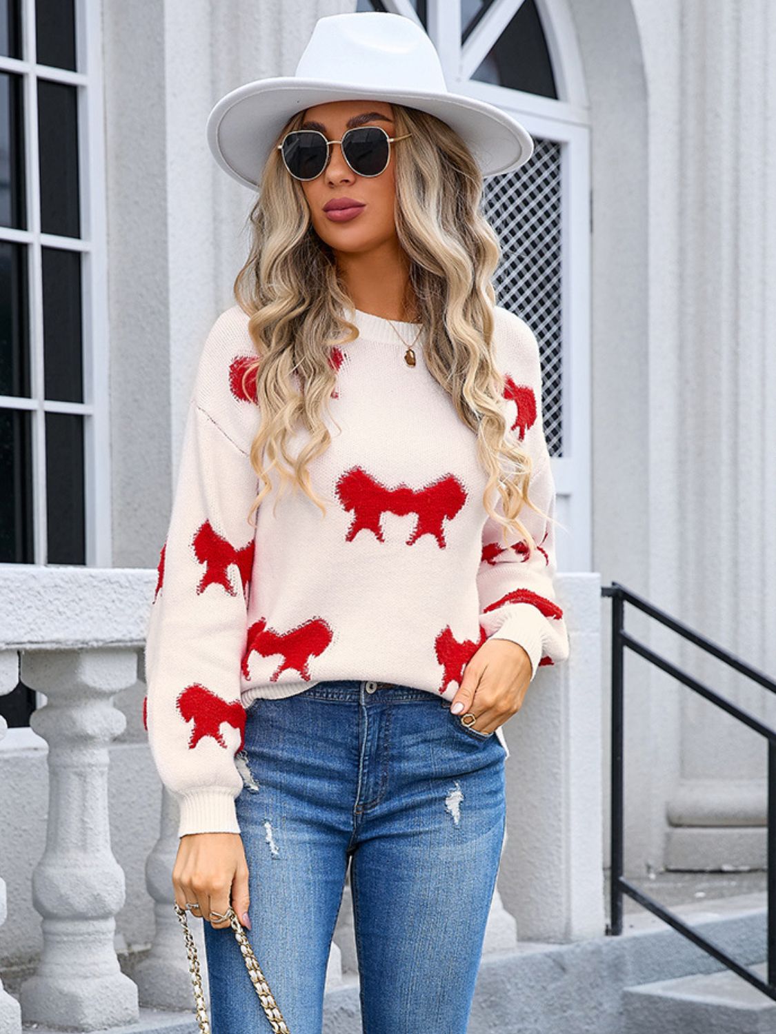 Angel Wings Bow Round Neck Dropped Shoulder Sweater - Loulou Boutique