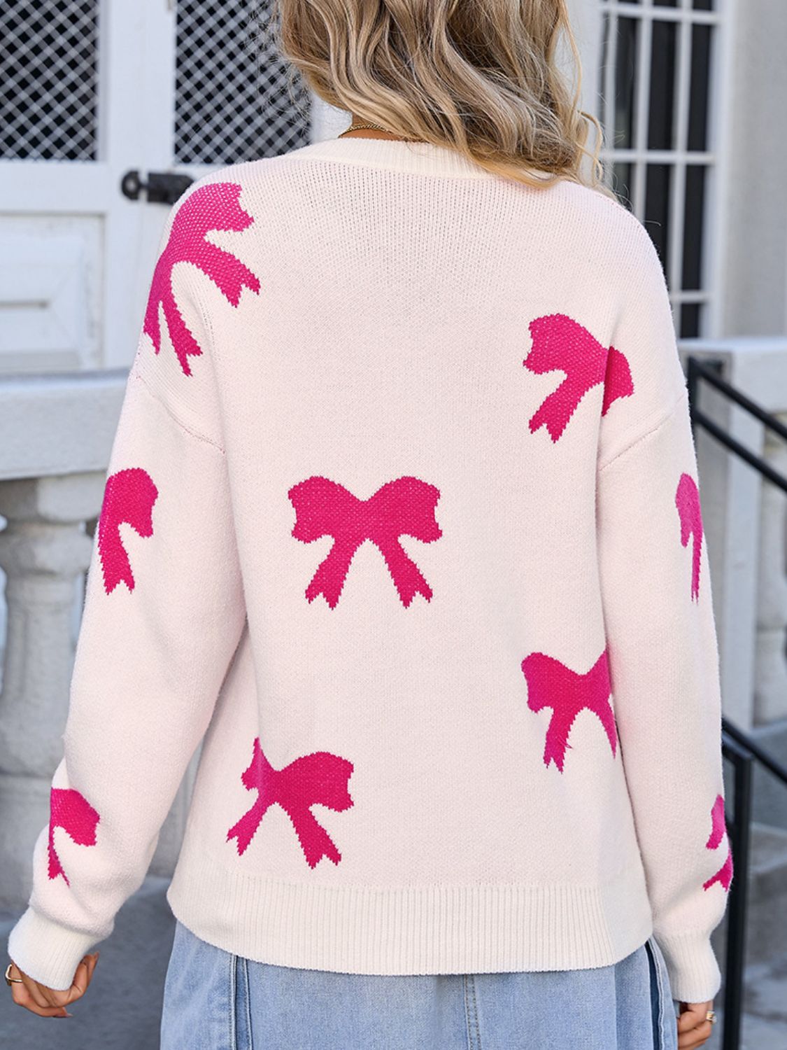 Angel Wings Bow Round Neck Dropped Shoulder Sweater - Loulou Boutique