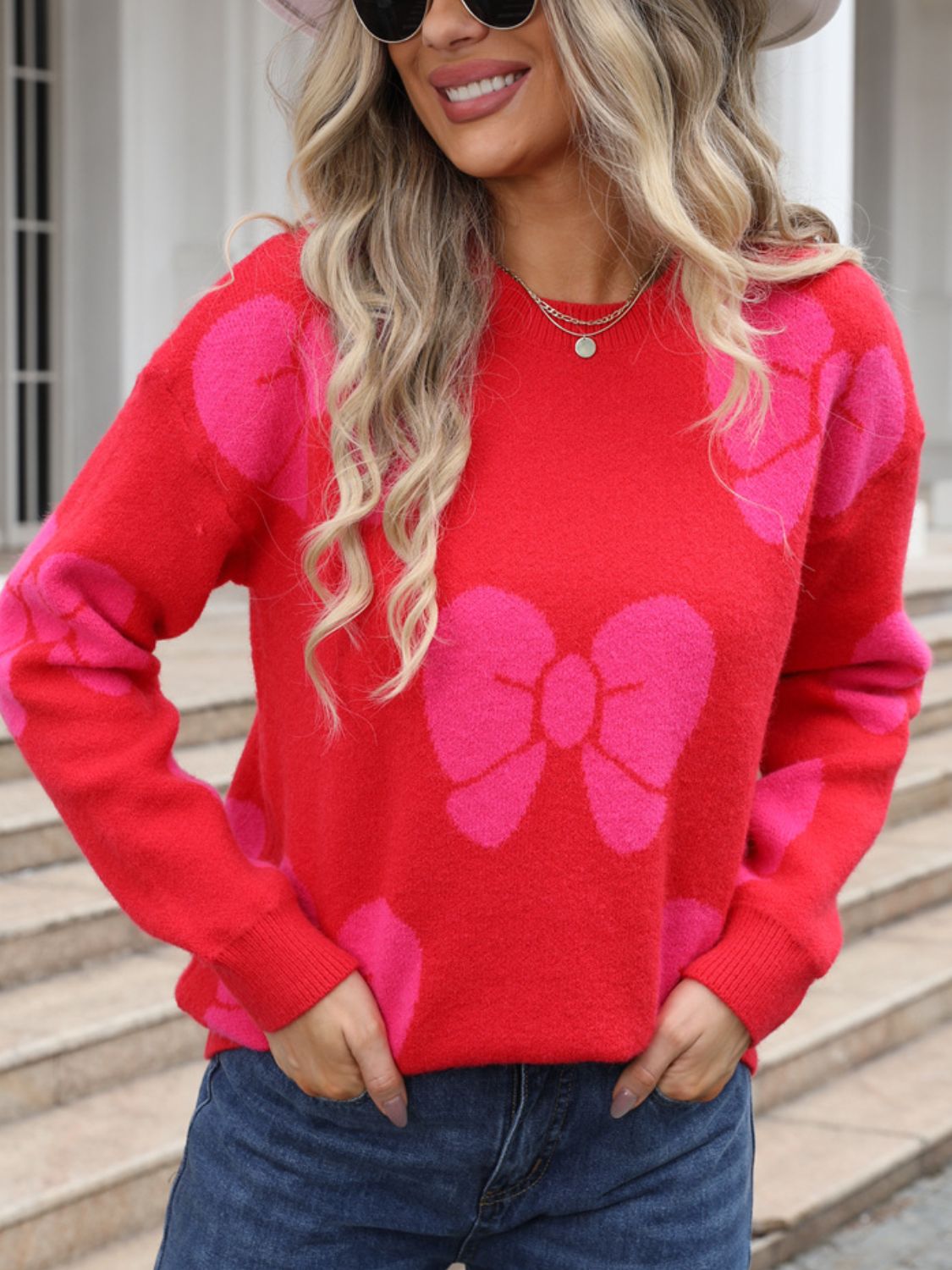Angel Wings Bow Round Neck Dropped Shoulder Sweater - Loulou Boutique