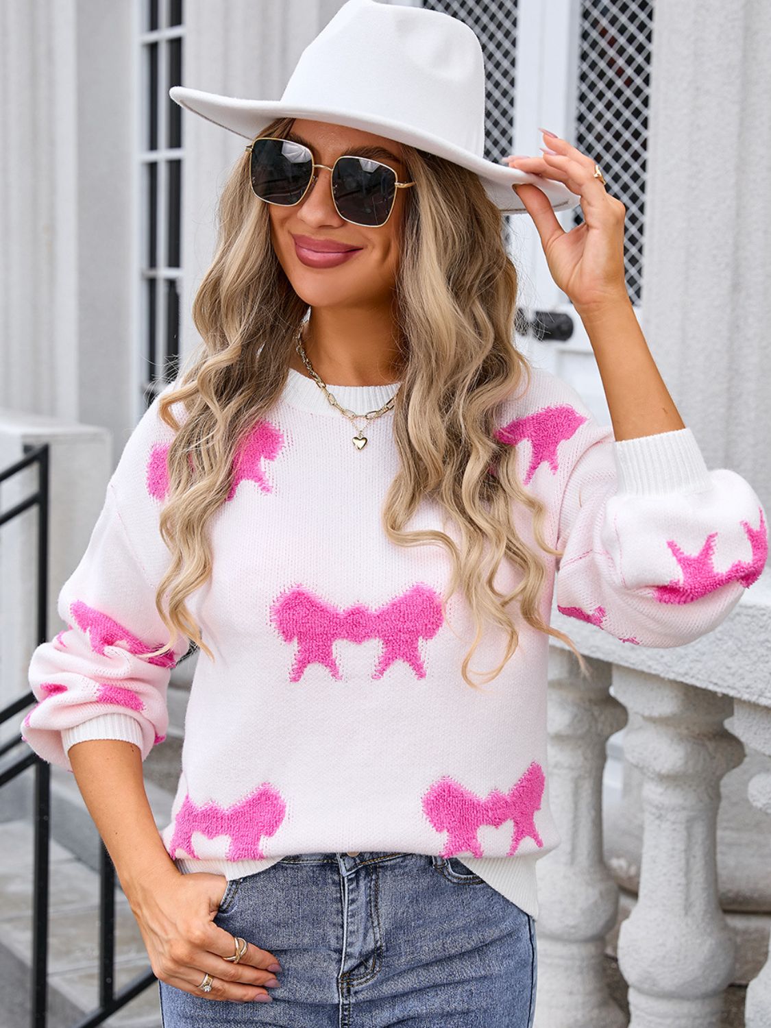 Angel Wings Bow Round Neck Dropped Shoulder Sweater - Loulou Boutique