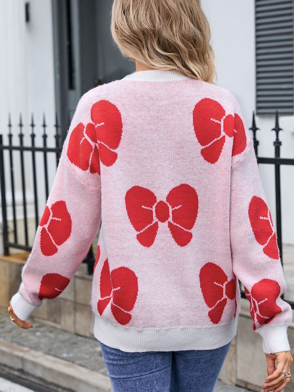 Angel Wings Bow Round Neck Dropped Shoulder Sweater - Loulou Boutique