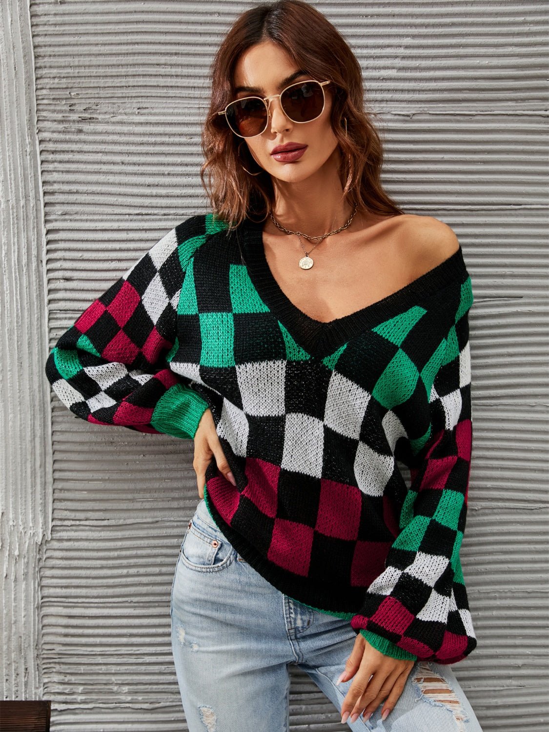 Angel Wings Checkered V - Neck Lantern Sleeve Sweater - Loulou Boutique