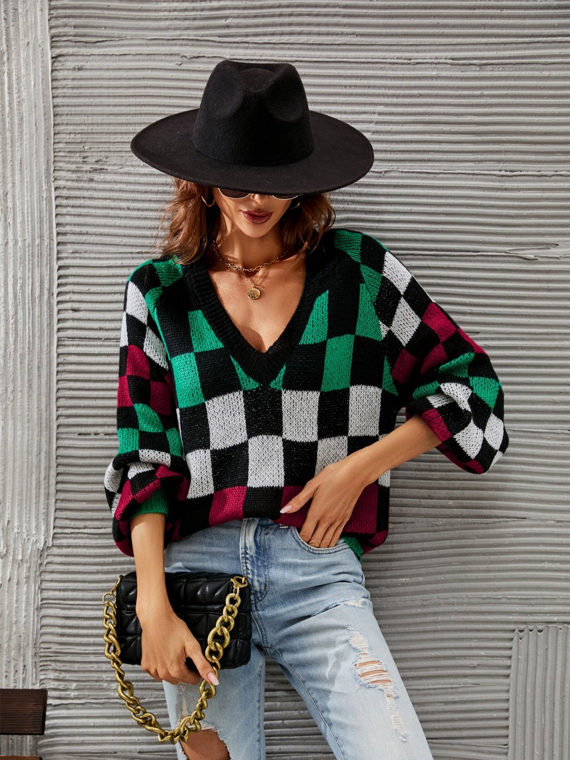 Angel Wings Checkered V - Neck Lantern Sleeve Sweater - Loulou Boutique