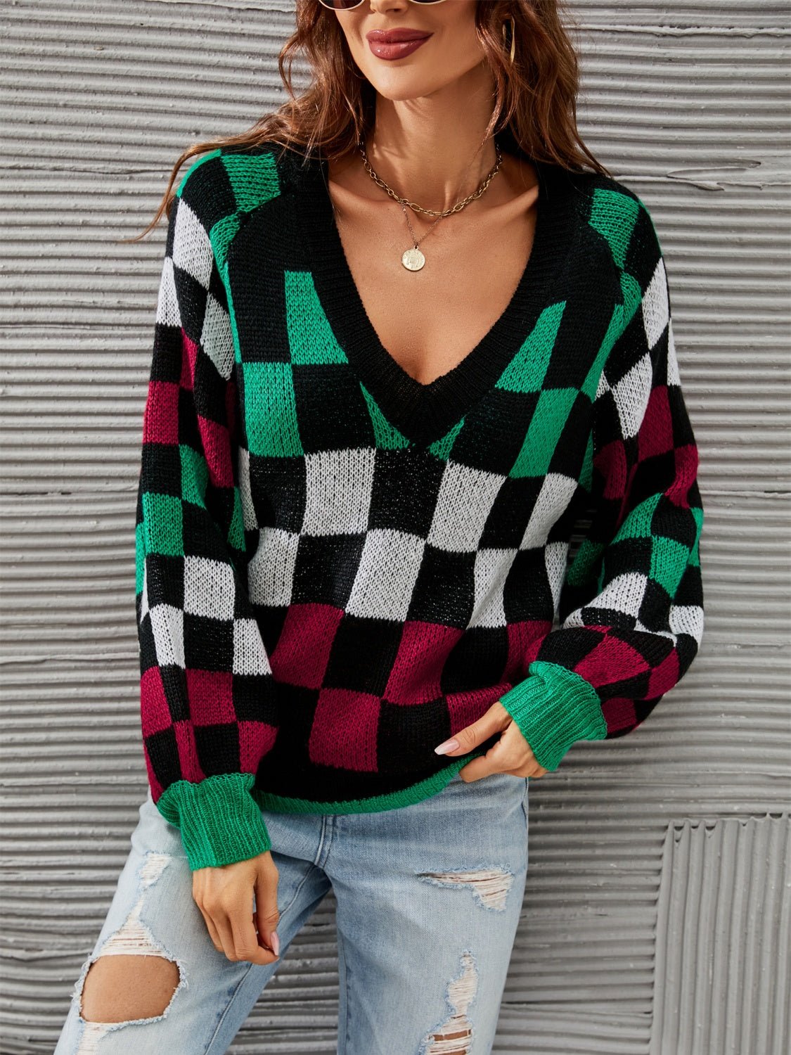 Angel Wings Checkered V - Neck Lantern Sleeve Sweater - Loulou Boutique