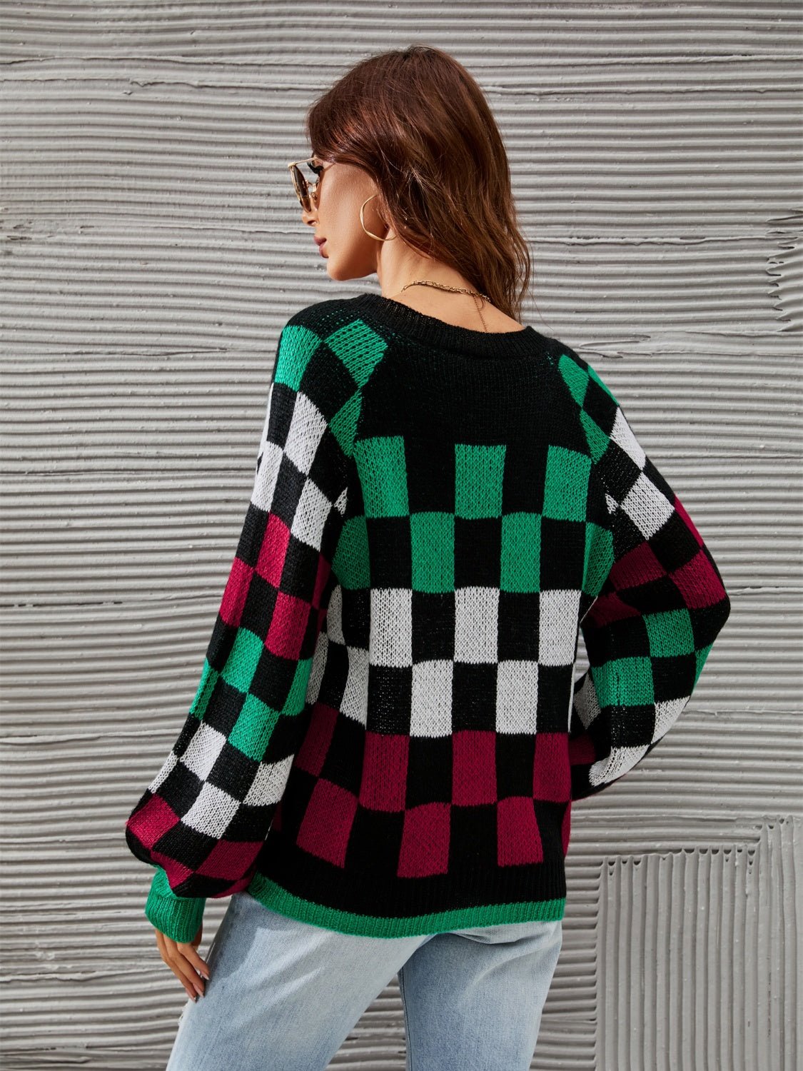 Angel Wings Checkered V - Neck Lantern Sleeve Sweater - Loulou Boutique