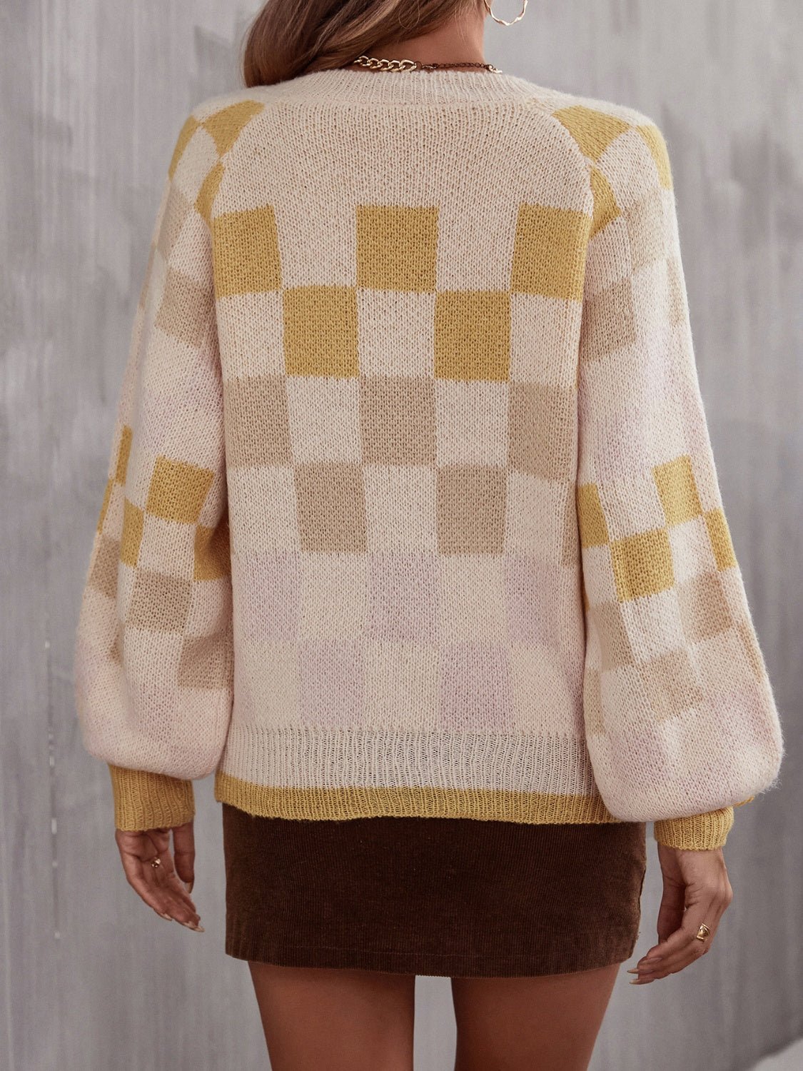 Angel Wings Checkered V - Neck Lantern Sleeve Sweater - Loulou Boutique