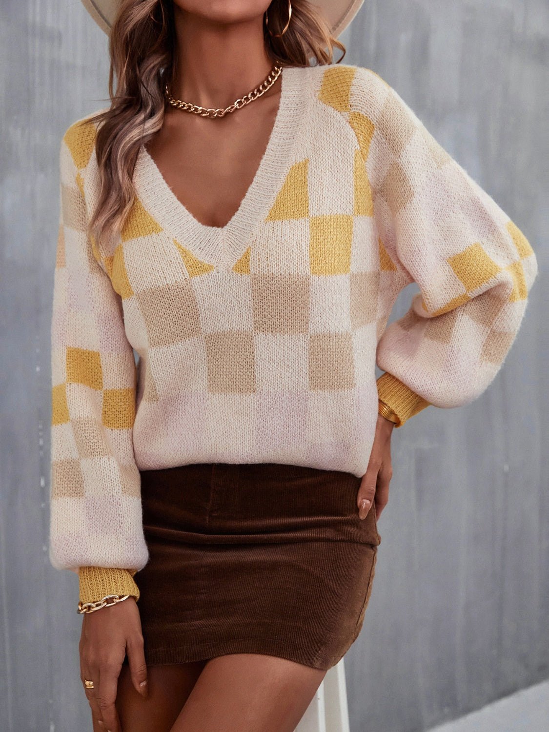 Angel Wings Checkered V - Neck Lantern Sleeve Sweater - Loulou Boutique