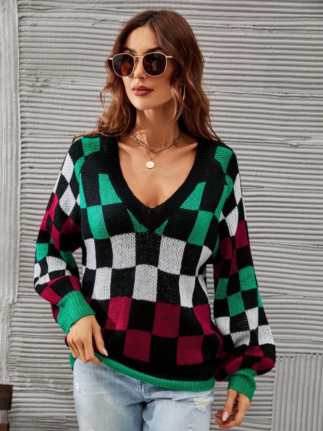 Angel Wings Checkered V - Neck Lantern Sleeve Sweater - Loulou Boutique