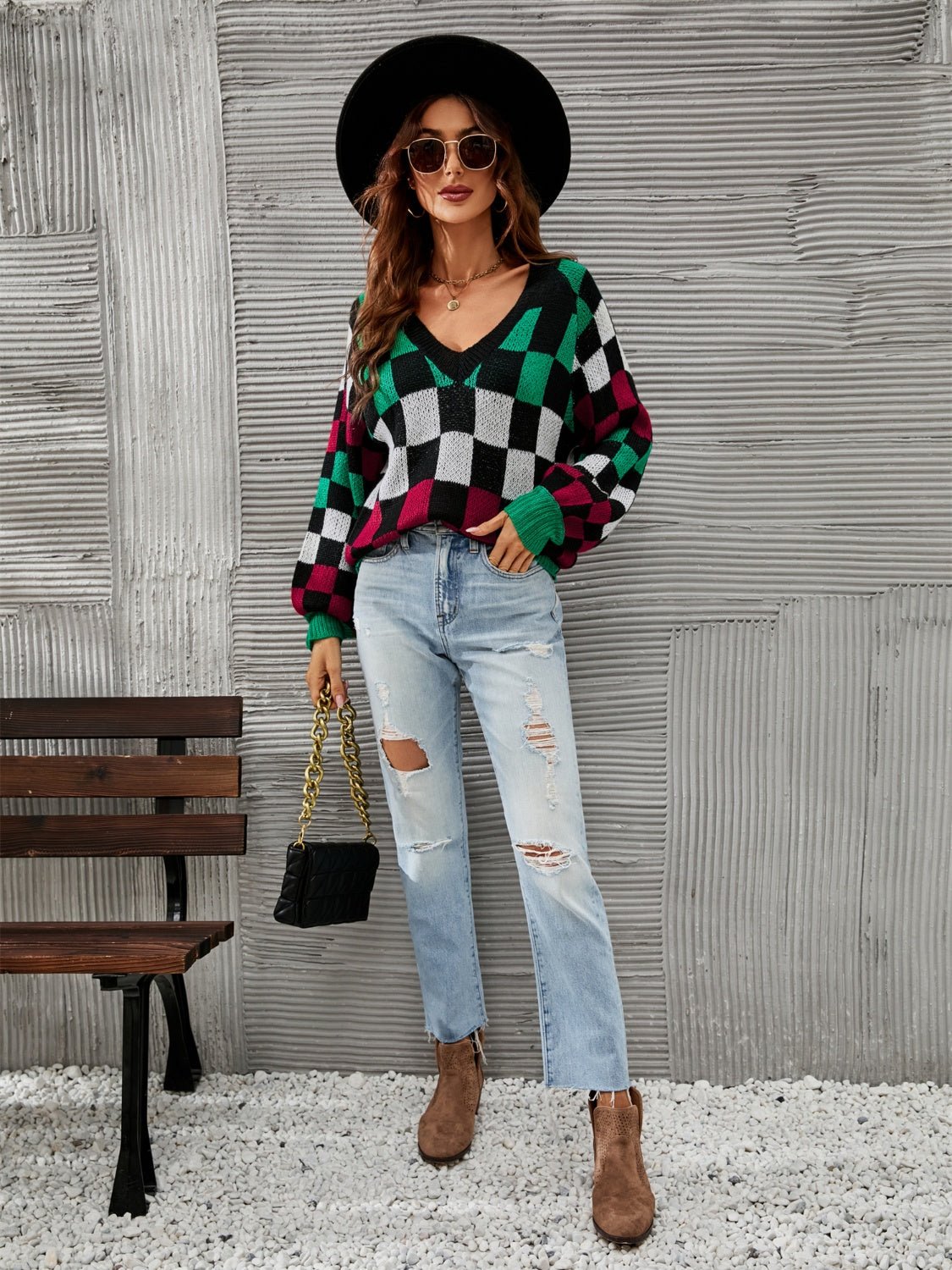 Angel Wings Checkered V - Neck Lantern Sleeve Sweater - Loulou Boutique